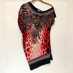Elegant Red and Black Women's Blouse with Peacock & Leopard Print Design